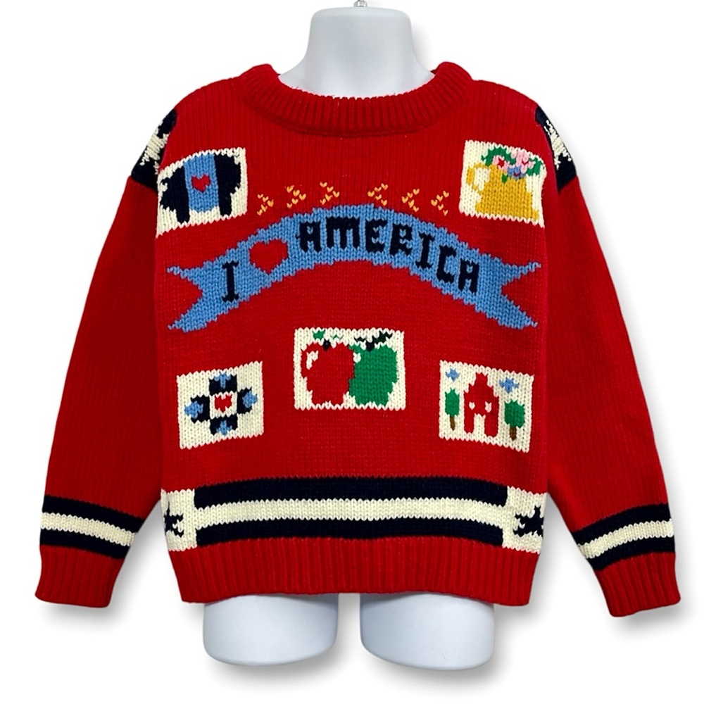 Eagles Eye Vintage 90s Kids Hand Knit I Love America Red Patriotic Sweater 6/6X